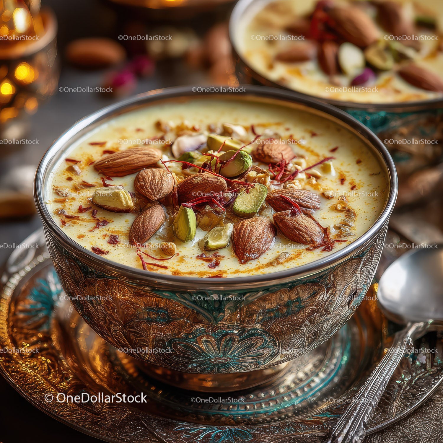 Ornate Silver Bowl of Saffron Flavored Milk with Pistachios and Almonds