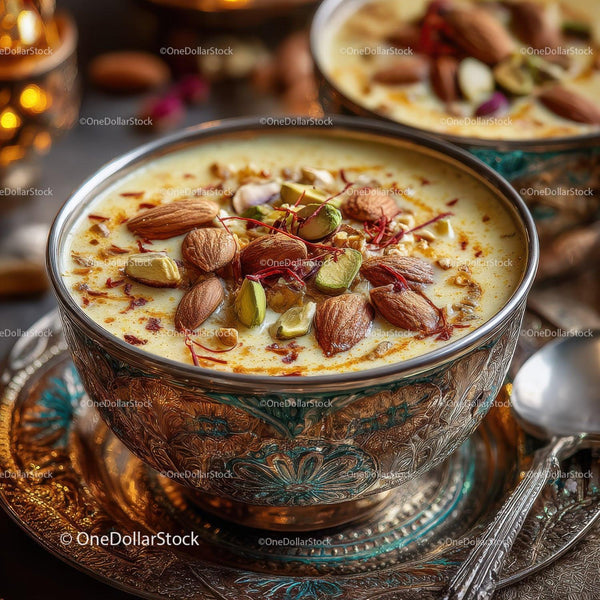 Ornate Silver Bowl of Saffron Flavored Milk with Pistachios and Almonds