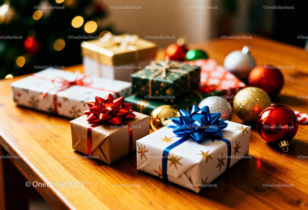 Festive Christmas Gifts and Colorful Ornaments on Table