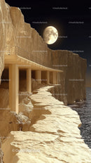 Moonlit Cliff Edge Pathway Overlooking the Ocean at Night
