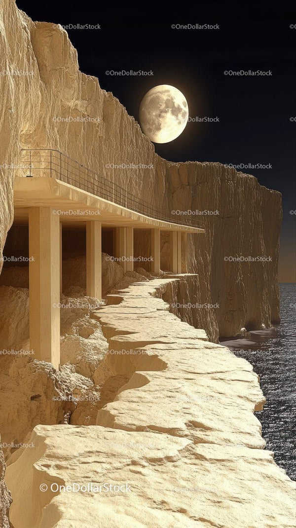 Rocky Coastal Cliff Path Under Full Moon