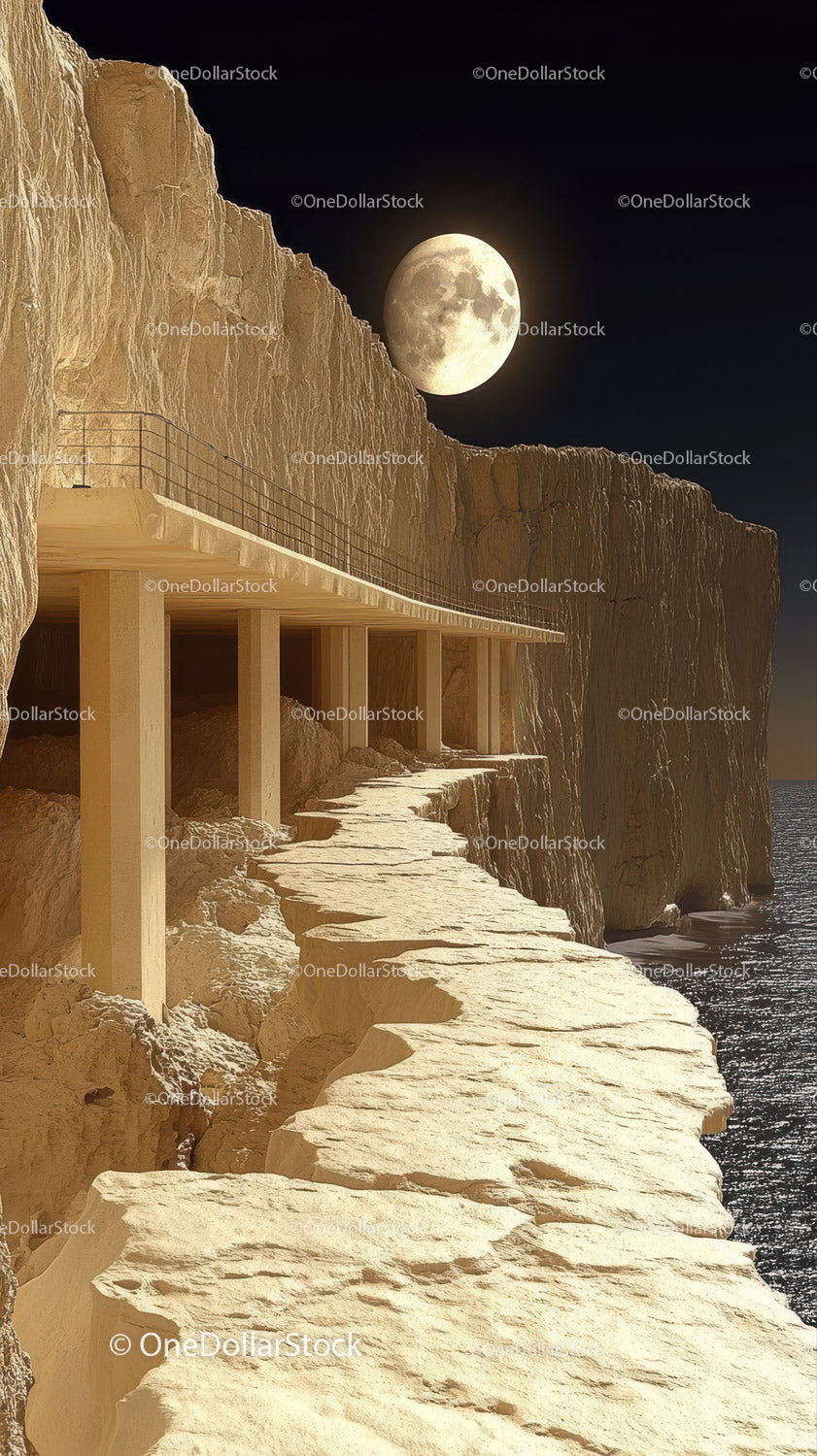 Moonlit Cliff Edge Pathway Overlooking the Ocean at Night