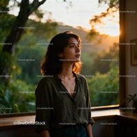Young woman enjoying peaceful sunset by window