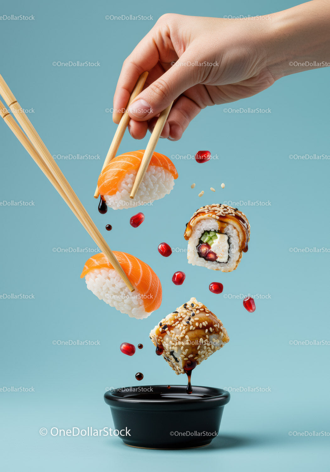 Fresh sushi pieces dipped in soy sauce with chopsticks