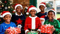 Smiling Children in Christmas Sweaters Holding Gifts