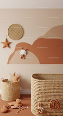 Cute Boho Nursery Decor with Woven Baskets and Plush Toys