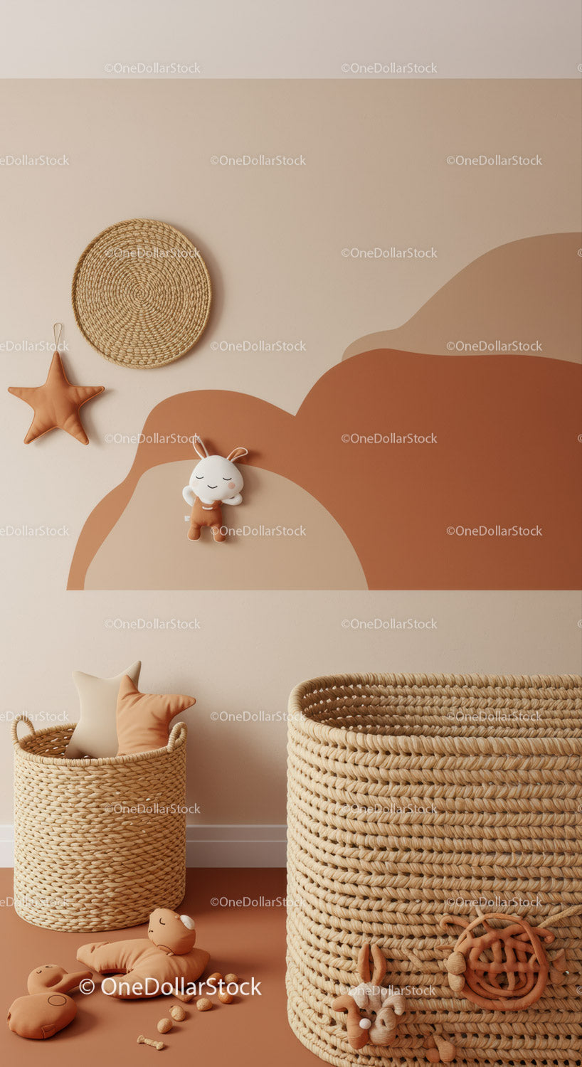 Cute Boho Nursery Decor with Woven Baskets and Plush Toys
