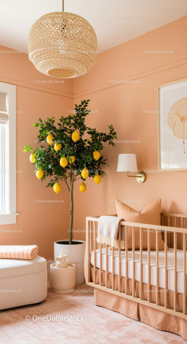 Cozy Nursery with Lemon Tree and Modern Decor in Soft Pink Tones