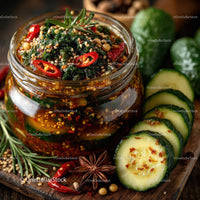 Vibrant Spicy Cucumber Kimchi in Glass Jar with Fresh Vegetables