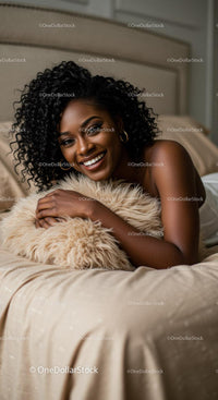 Smiling woman relaxing on bed with soft pillow