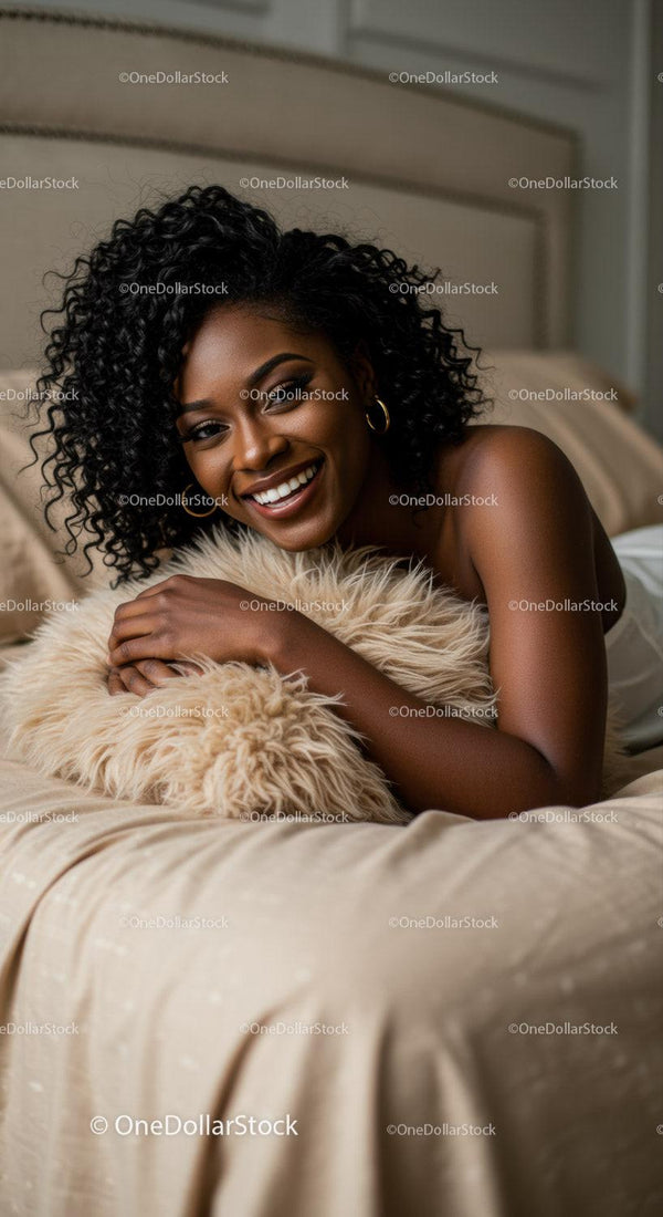 Smiling woman relaxing on bed with soft pillow
