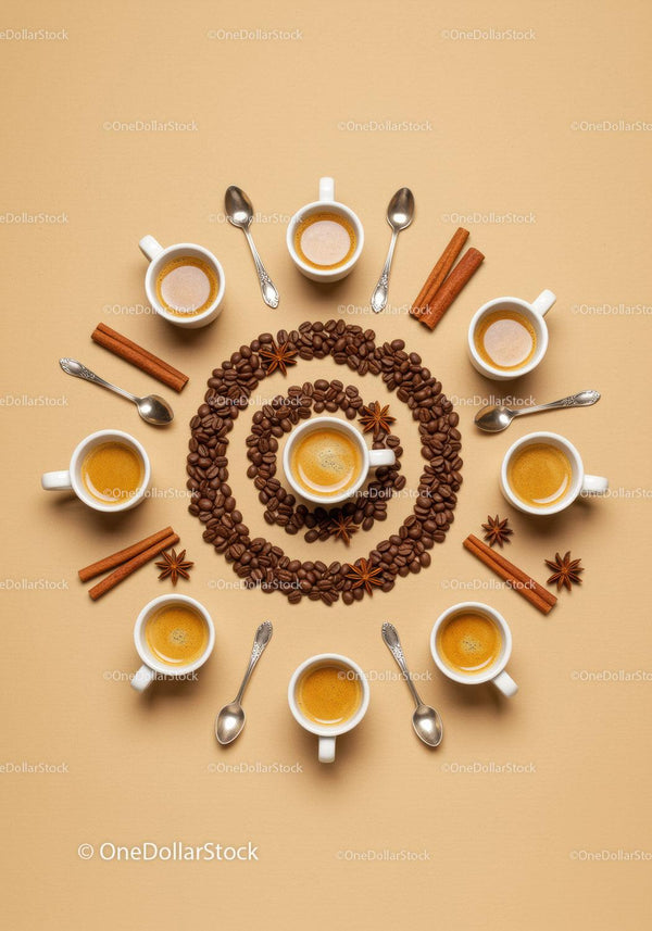 Circle of espresso cups with coffee beans and spices