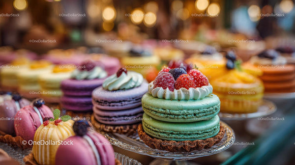 Colorful Macarons And Fruit Topped Pastries In Elegant Dessert Display