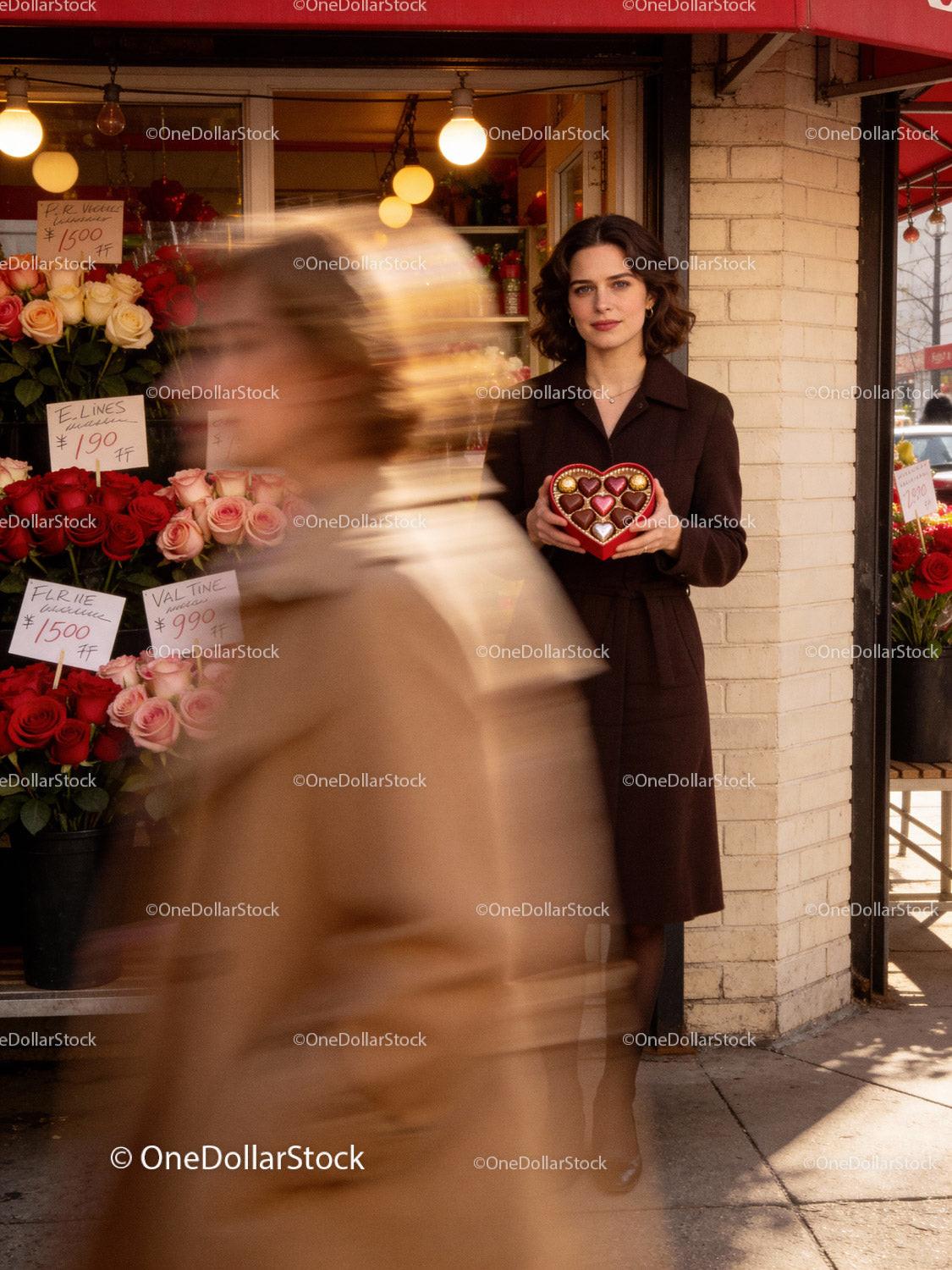 Woman holding heart-shaped box of chocolates near flower shop