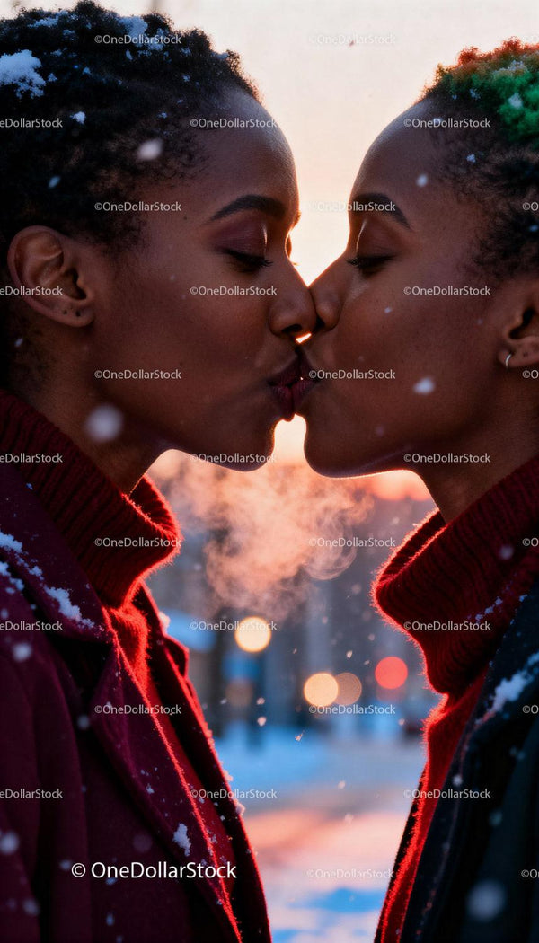 Two African American Women Sharing a Tender Winter Kiss