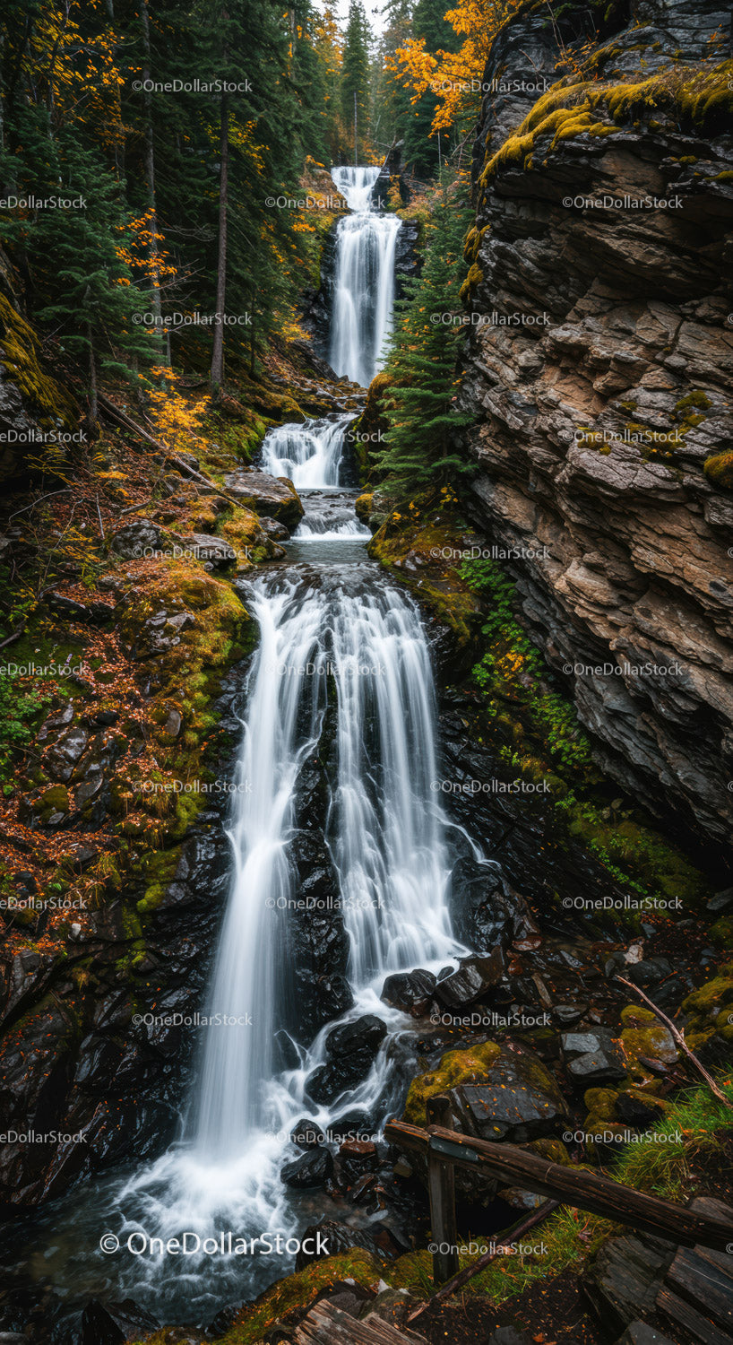 Multi-tiered waterfall flowing through autumn forest