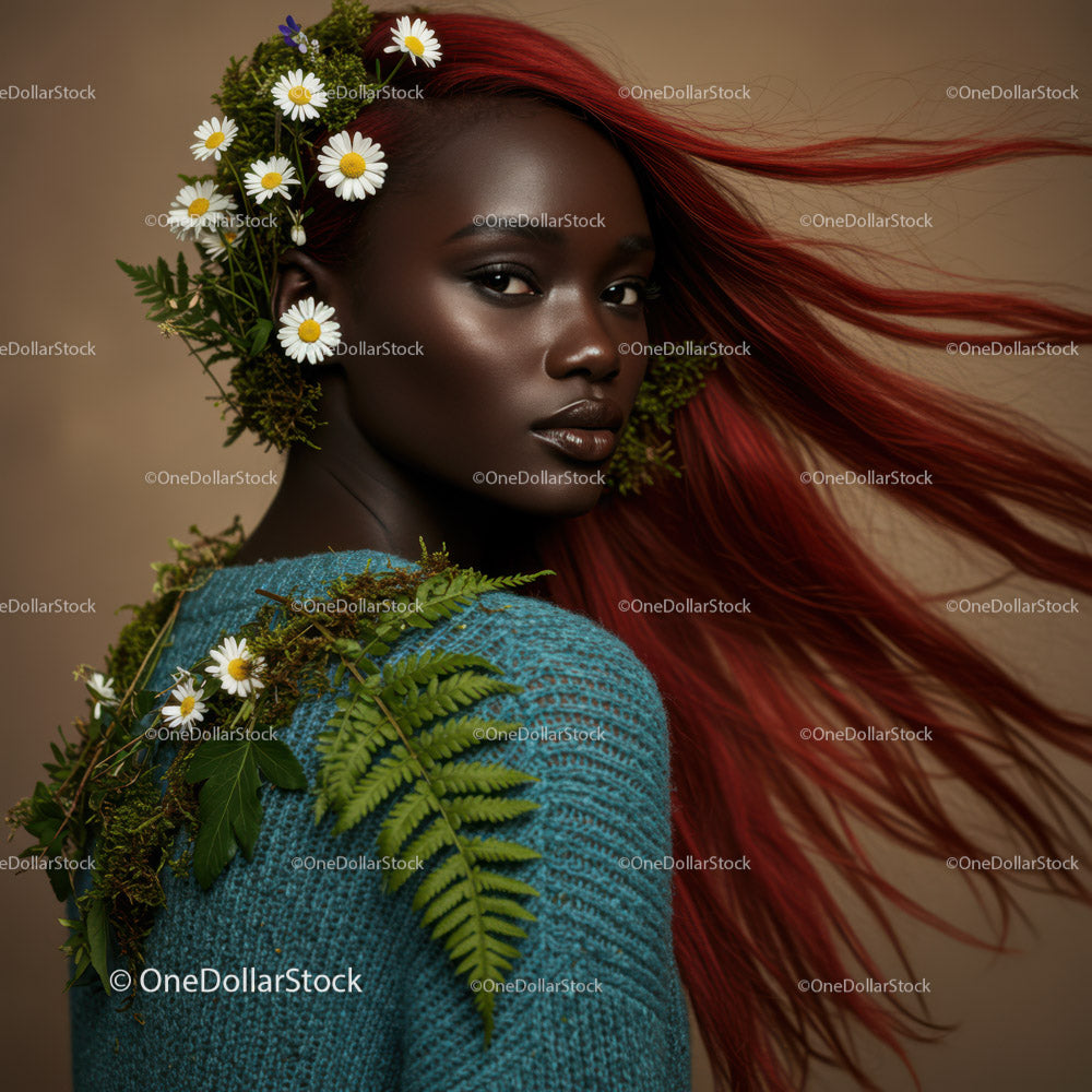 Elegant Black Woman with Red Hair and Floral Headpiece in Studio
