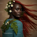 Elegant Black Woman with Red Hair and Floral Headpiece in Studio