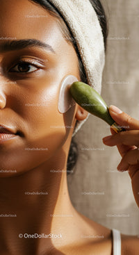 Close-up of Woman Applying Facial Mask with Jade Roller