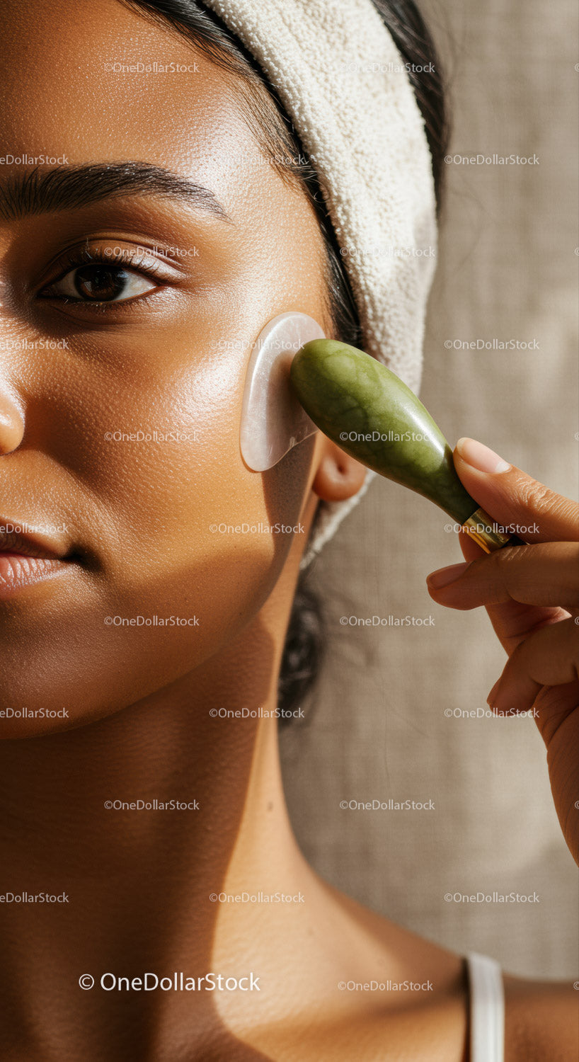Close-up of Woman Applying Facial Mask with Jade Roller