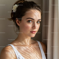 Young Woman Portrait with Blue Eyes and Brown Hair Near Curtains