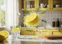 Fresh lemon splash with ice and rosemary in kitchen