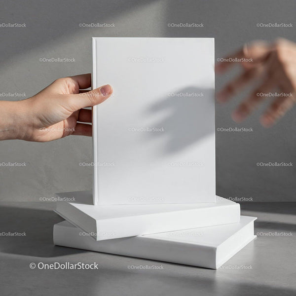 Hands Holding Blank White Hardcover Books on Gray Surface JPG Mockup Image