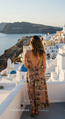 Woman enjoying scenic view over Santorini rooftops