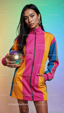 Colorful Sportswear Model Holding Basketball in Fashion Portrait