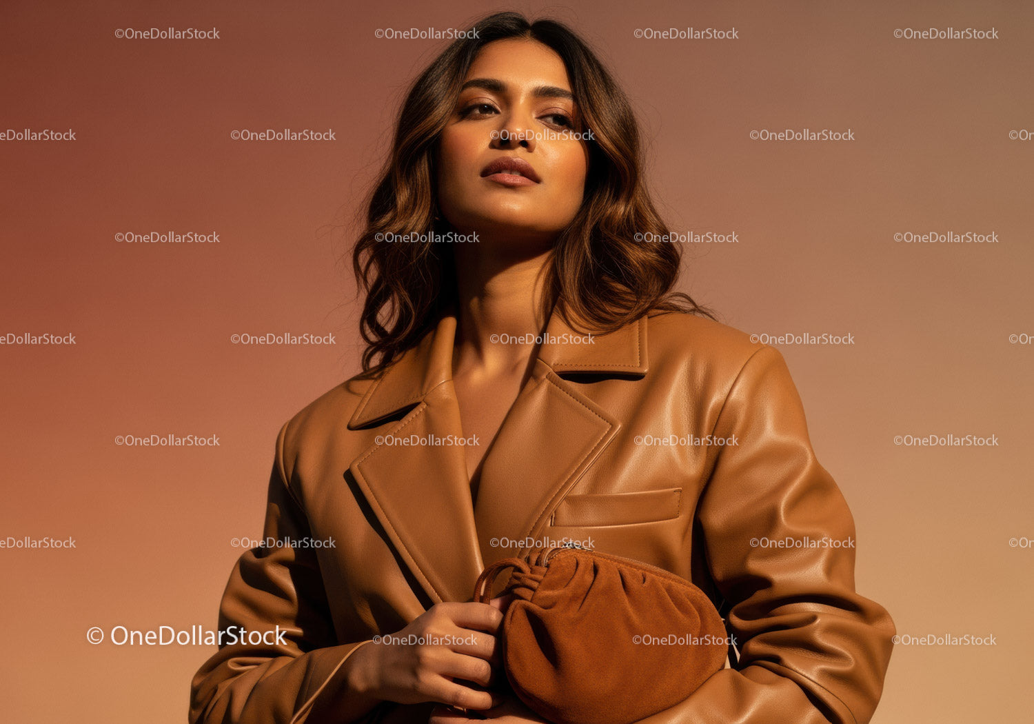 Elegant Woman in Leather Coat Holding Brown Handbag Under Warm Lighting
