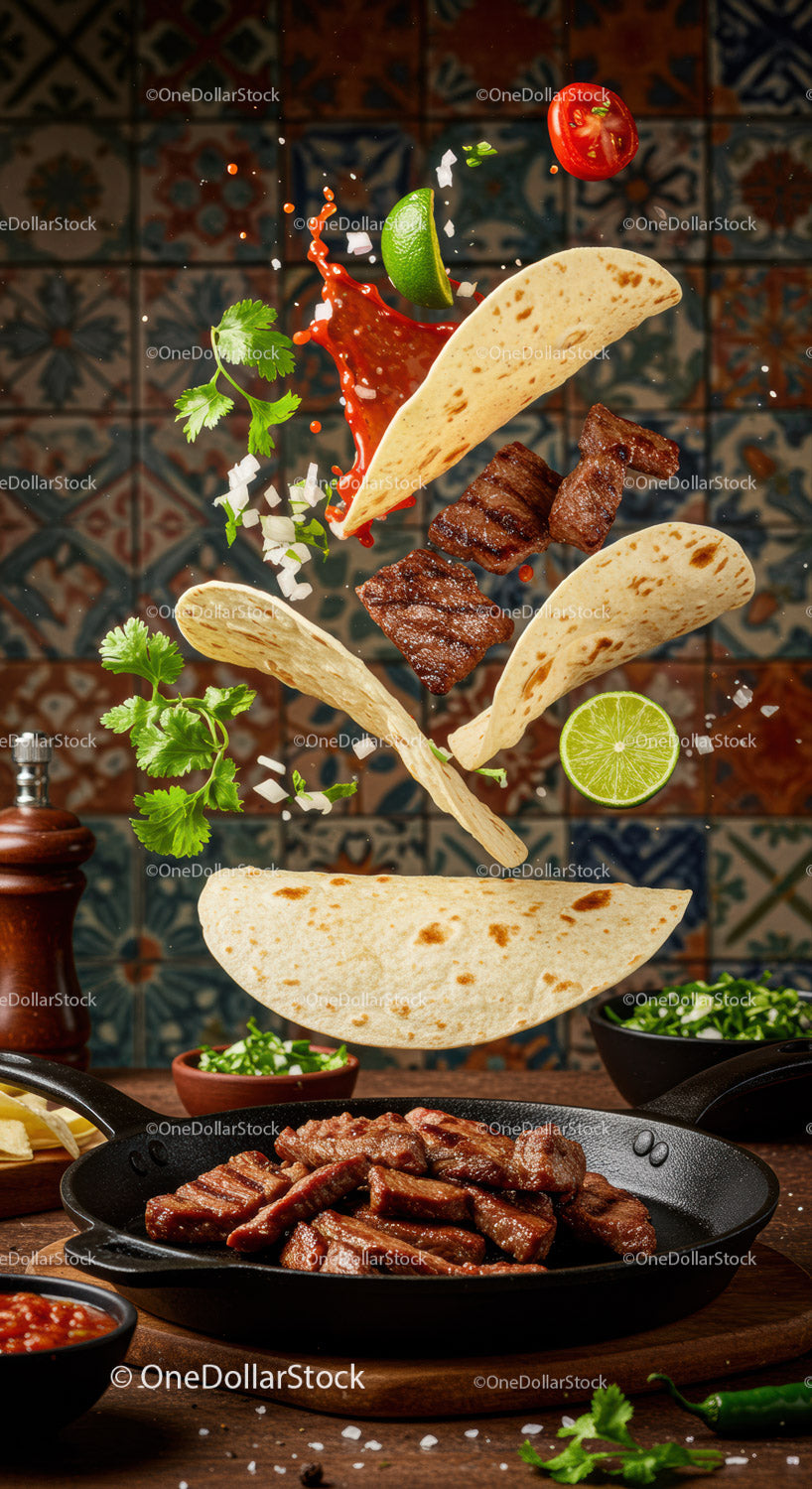 Fresh grilled beef taco ingredients in midair
