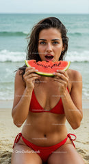 Young Woman Enjoying Watermelon at the Beach in Red Bikini