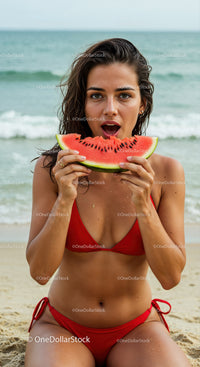 Young Woman Enjoying Watermelon at the Beach in Red Bikini