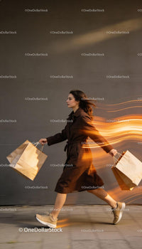 Woman in brown coat walking with shopping bags