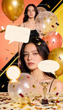 Serene young woman with balloons and gold trophy