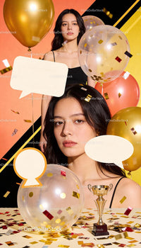 Serene young woman with balloons and gold trophy