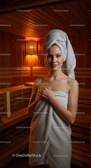 Young Woman Relaxing in Sauna with Towel and Wooden Interior