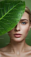 Close-Up of a Woman with Bright Blue Eyes Behind a Dew-Kissed Green Leaf