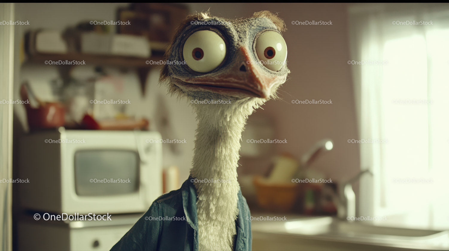 Whimsical Ostrich Puppet in Playful Indoor Scene