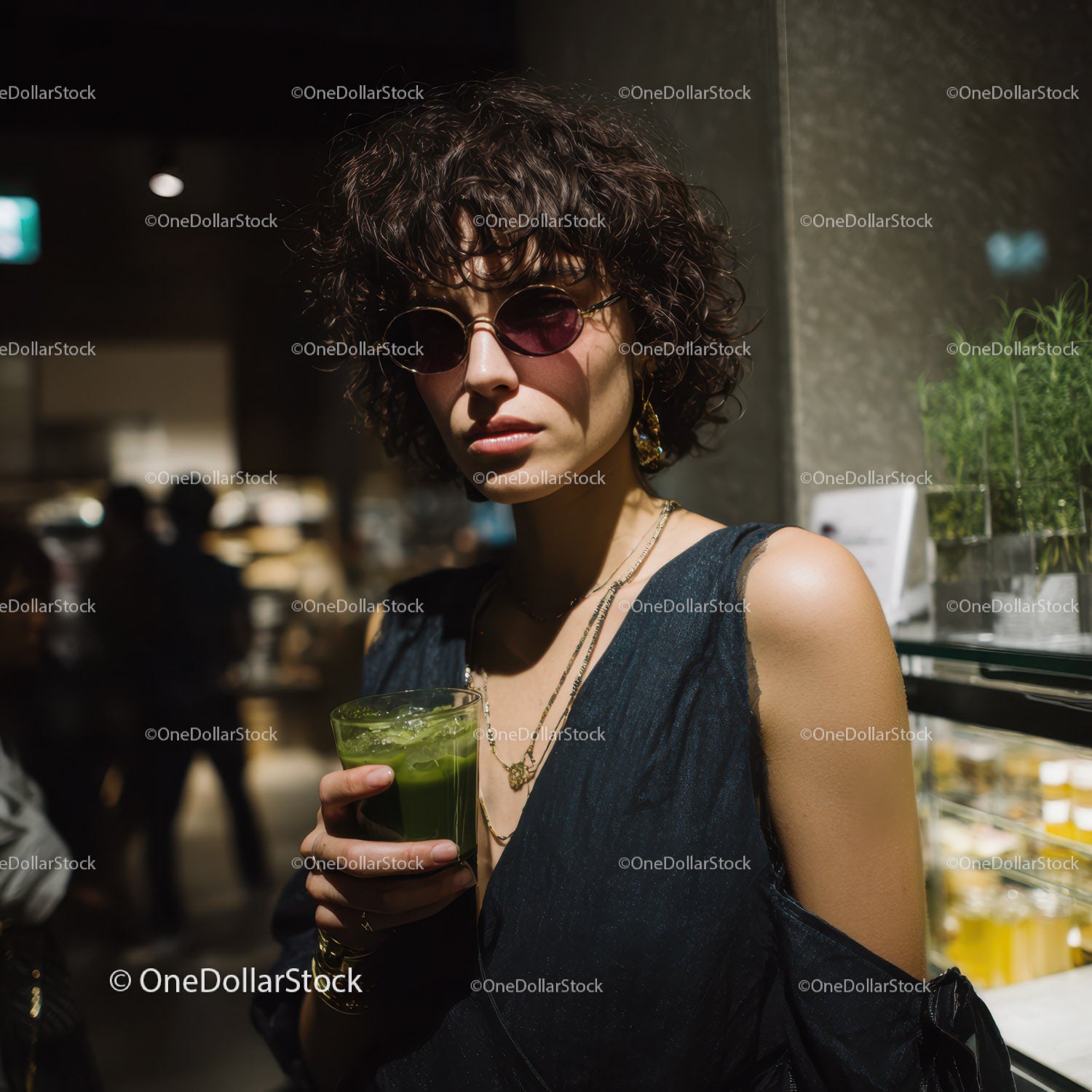 Fashionable Woman Drinking Green Juice in Urban Market Scene