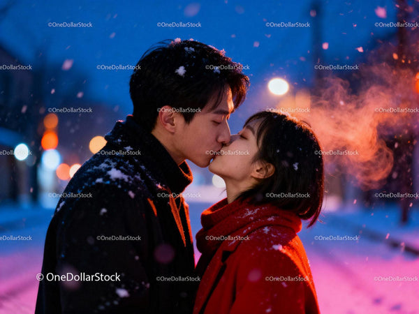 Romantic winter night kiss with snow and warm breath