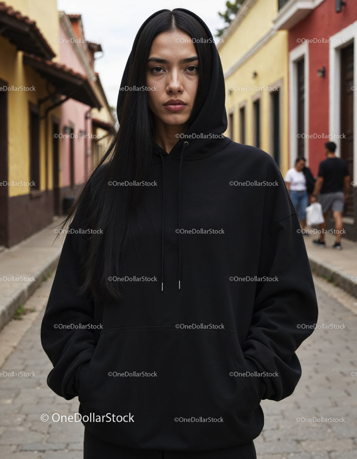 Fashionable Woman Wearing Black Hoodie in Urban City Street