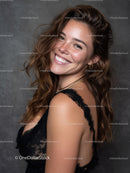 Joyful Woman with Bright Smile Wearing Black Lace Dress