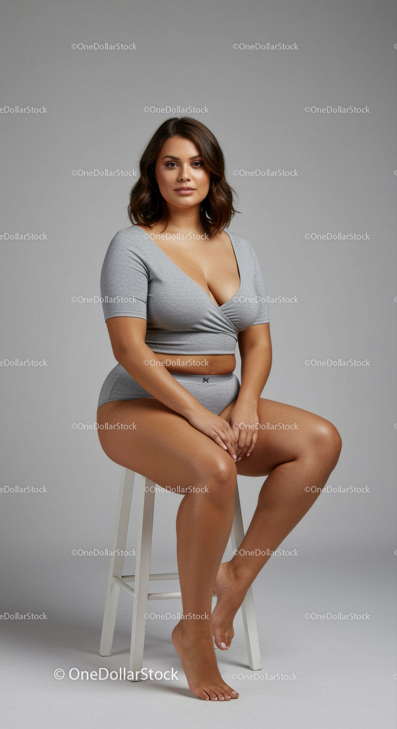Young woman sitting on a white stool in casual grey outfit