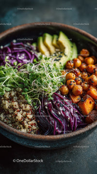 Colorful Quinoa Salad with Avocado Roasted Chickpeas and Microgreens