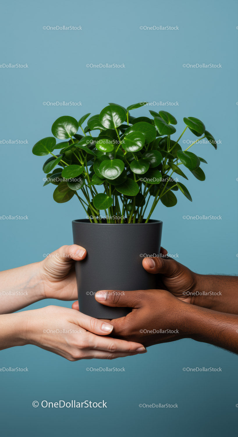 Hands of different people holding green potted plant