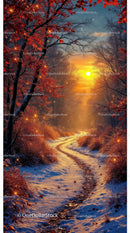 Sunset path through snowy autumn forest with glowing leaves