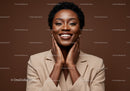 Elegant Happy Woman Smiling in Beige Suit with Bright Expression