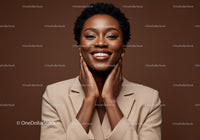 Elegant Happy Woman Smiling in Beige Suit with Bright Expression