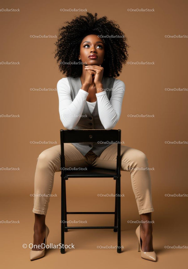 Stylish Woman Sitting on Chair with Thoughtful Expression in Studio